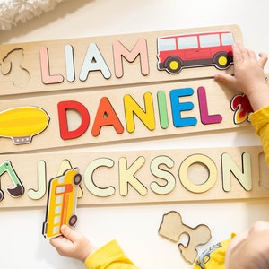 Personalized Name Puzzle with Pegs, Baby Shower Gifts for boys, Baby Name Announcement, New Mom Gift basket, Cars Baby shower Decoration image 1