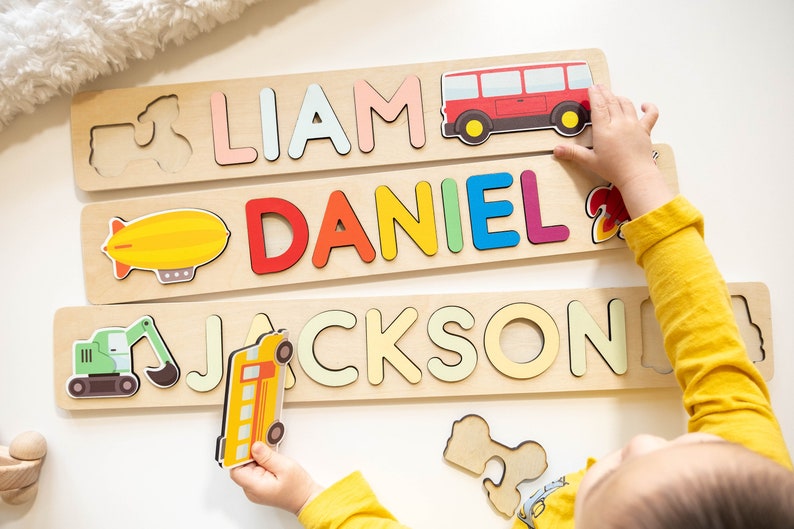 Personalized Name Puzzle with Pegs, Baby Shower Gifts for boys, Baby Name Announcement, New Mom Gift basket, Cars Baby shower Decoration image 1