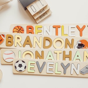 Sports Personalized Wooden Baby Name Puzzle with Pegs,Montessori Toys,Nursery Decor,Baby Shower Gift, Newborn, Toddler gift, 1st Birthday