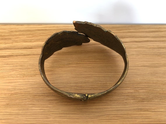 Vintage Brass Leaf Clamper Bracelet, Hinged Brass… - image 7