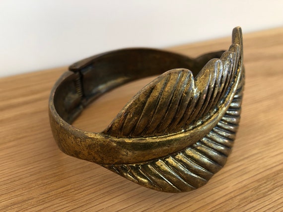 Vintage Brass Leaf Clamper Bracelet, Hinged Brass… - image 2