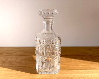 Mid Century Glass Decanter, Vintage Clear Glass Liquor Decanter, Vintage Plaid Cut Glass