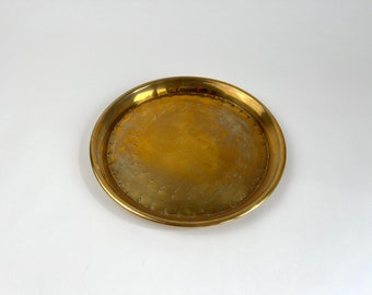 Vintage 10" Round Brass Tray with Etched Designs