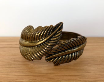 Vintage Brass Leaf Clamper Bracelet, Hinged Brass French Bangle