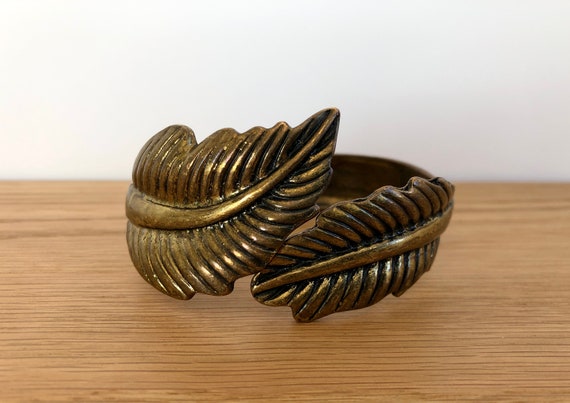 Vintage Brass Leaf Clamper Bracelet, Hinged Brass… - image 1