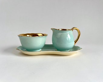 Vintage Crown Devon Turquoise and Gold Cream and Sugar Set