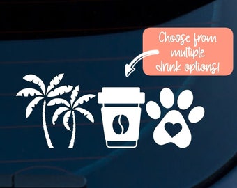 Beach Coffee Dogs, Beach Vinyl Decal, Coffee Car Decal, Coffee and Dogs Sticker, Beach Lover Car Decal