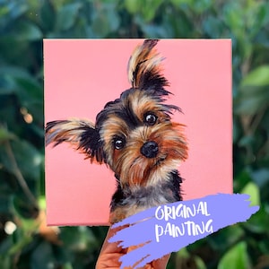 Original Yorkie Painting: 8x8 Pink Coral Canvas Art