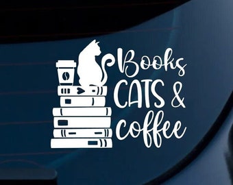 Cat Decal, Cat Stickers, Books Coffee Cats, Books Vinyl Decal, Books Car Decal, Books and Cats Sticker