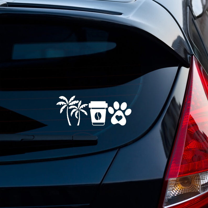 Beach Coffee Dogs, Beach Vinyl Decal, Coffee Car Decal, Coffee and Dogs Sticker, Beach Lover Car Decal image 2