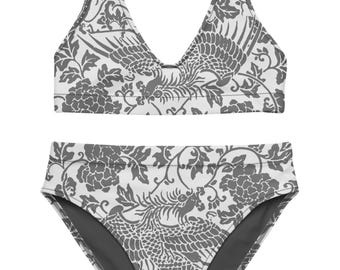 Bikini a vita alta Phoenix + Floral in materiale riciclato - Nero + Bianco