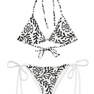 Flower & Vine II, All-over Print Recycled String Bikini, Botanical, Floral, Boho, Black and White Bikini
