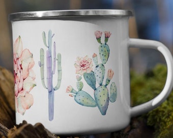 Cactus Succulent Enamel Mug, Watercolor Mug, Durable Mug, Artist Plant Lover Mug