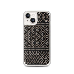 May include: A clear phone case with a black and tan geometric pattern. The design features diamond and zigzag shapes. The case has a clear border and covers the back and sides of the phone, with cutouts for the camera and buttons.