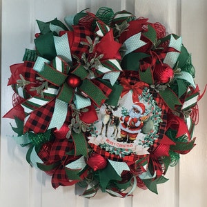 African American Santa Claus and Rein Deer Christmas Wreath, Black Santa Claus Christmas Door Wreath