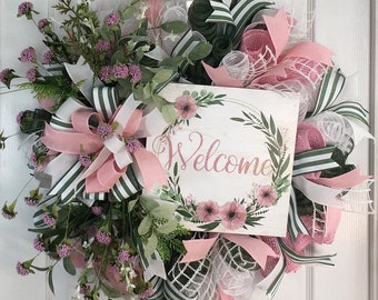 Spring Floral Everyday Farmhouse Pink Welcome Wreath for Front Door,  Front Porch Welcome Door Wreath