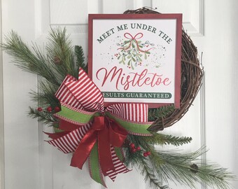 Christmas Mistletoe Grapevine Wreath with Red berries and Pine Needles