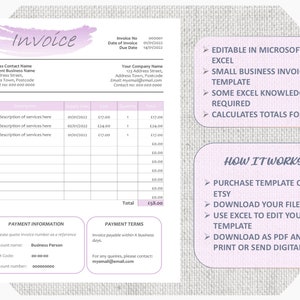 Puede incluir: Una plantilla de factura imprimible para pequeñas empresas. La plantilla es editable en Microsoft Excel y calcula los totales automáticamente. La plantilla está diseñada con un esquema de color morado y blanco e incluye instrucciones sobre cómo usar la plantilla.