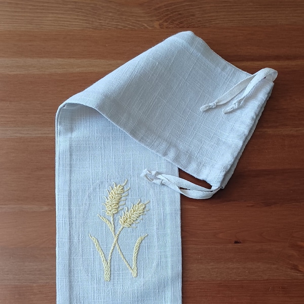 Hand-embroidered linen baguette bread bag - 26 x 6 inches