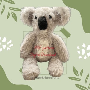 May include: A crocheted koala plush toy with a grey and white fur pattern. The toy is sitting on a green and white background with the text "PDF pattern Digital Download" and "@critterknittercrafts".