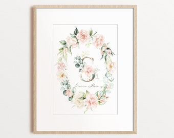 Personalised Floral Alphabet Letter, Blush Pink, Name and Date, Digital Wall Print, Nursery Print, Floral wreath, New Born Gift Personalised