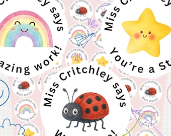 54 Personalised Teacher Stickers - Rainbow, Star & Ladybird - Custom Name Reward Stickers for Kids - Well Done Stickers - Primary Stickers