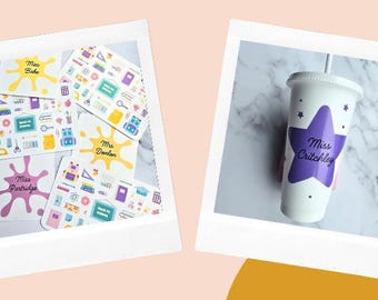 Personalised Teacher Sticker Cold Cup Bundle | Custom Name Gift for Teacher | End of Term Gift | DIY Cup Decorating Set | Teaching Assistant