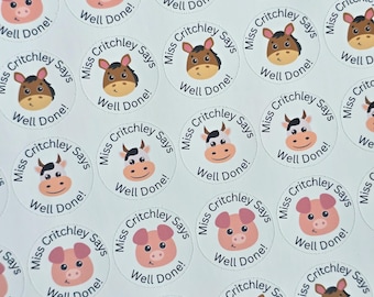 Farm Animal Teacher Stickers – 54 Personalised Reward Stickers – Cow Pig Horse – Well Done – Cute School Stickers - Primary Teacher