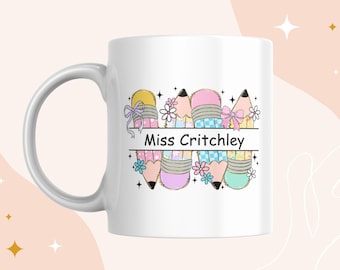 Personalised Teacher Mug | Custom Teacher Gift with Name | End of Term Thank You Gift | Rainbow Coffee Apple Pencil Design