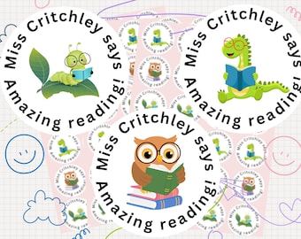 54 Personalised Reading Reward Teacher Stickers - Caterpillar, Dinosaur & Owl | Custom Name Reward Stickers for Kids | Primary Scool