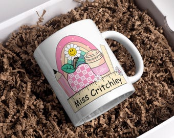 Personalised Teacher Mug | Custom Teacher Gift with Name | End of Term Thank You Gift | Rainbow Coffee Apple Pencil Design