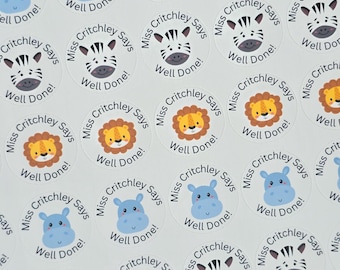 Personalised Safari Teacher Stickers – 54 Reward Stickers – Lion Zebra Hippo –  Well Done – Animal Classroom Stickers - Primary Teachers