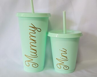 Big and Mini Matching Cold Cup Set – 24oz and 16oz Personalised Cups with Lid and Straw – Custom Gift for Mum, Dad & Child, Reusable Tumbler