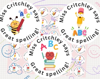 54 Personalised Spelling Reward Stickers - Bee, Pencil & Apple | Custom Name Spelling Reward Stickers for Kids | Primary Scool