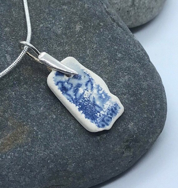 Blue white Sea Worn Pottery Necklace Pottery Jewellery Handmade