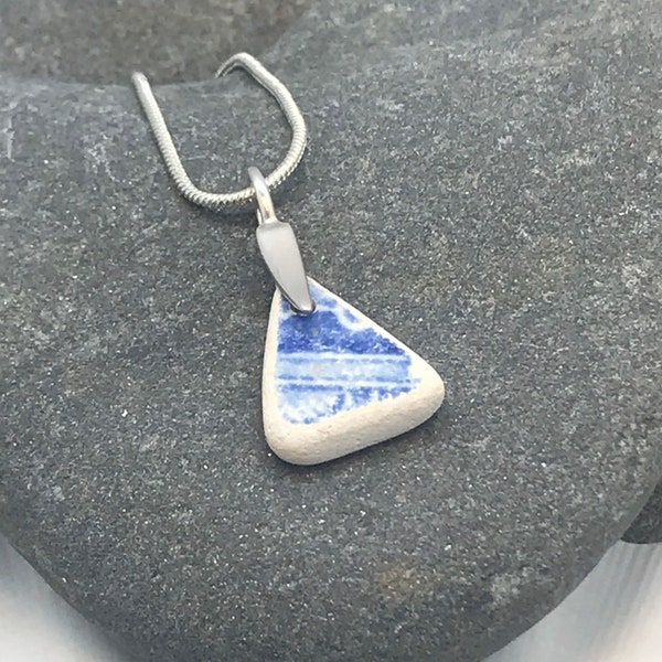 Blue/White Sea Worn Pottery Necklace/ Welsh/Pottery Jewellery/Handmade/Sterling Silver Chain/ Sterling Silver Bail/Pembrokeshire/