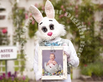 Easter Bunny holding Picture Frame in Rose Garden,Vertical version,Easter Overlay,Easter Digital Backdrop,Easter Bunny Digital, PNG