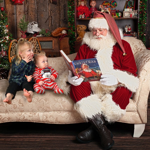 Santa digital backdrop, Christmas Scene, Christmas Digital Download, Santa Backdrop, Santa JPG background, Santa chaise longue reading book