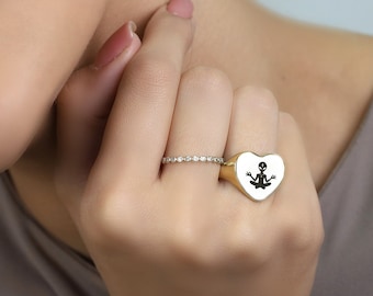 Gold Sci-fi Signet Ring · Custom UFO Ring · Alien Engraving Ring · Gift For Her · Heart Shaped Ring