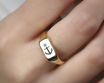 Gold Signet Anchor Ring · Engraved Anchor Ring ·  Sailor's Jewelry · Rectangle Ring