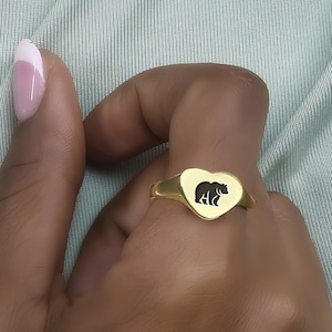 14k Gold Custom Bear Ring · Engraved Bear Signet Ring · Cute Bear Ring · Heart Shaped Ring