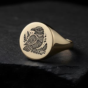 14k Gold Crow Signet Ring · Engraved Crow Ring · Bold Statement Ring · Unisex Ring · Mystical Ring