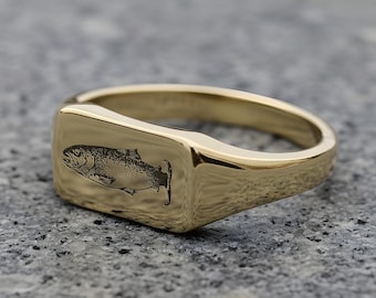 Gegraveerde zalmvisring · Gouden visring · Aangepaste visring · 14k gouden zegelring vis · Unisex ring