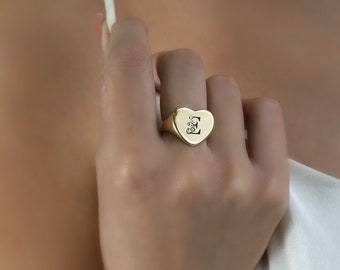 14k Gold Letter Signet Ring  · Personalized Ring · Engraved Name Initial Ring · Heart Shaped Ring