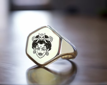 Engraved Geisha Signet Ring · Personalized Geisha Ring · Japanese Heritage Ring · Hexagon Ring
