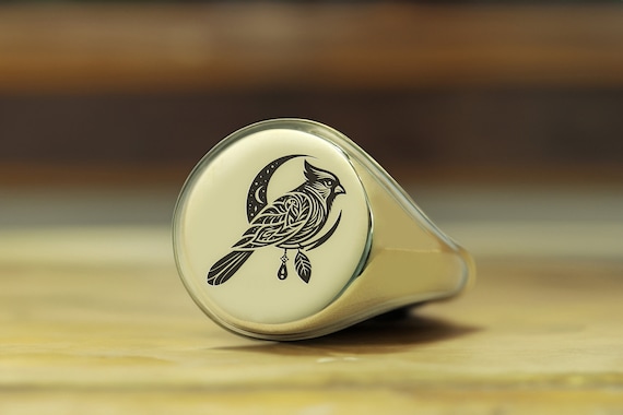 Cardinal Bird Gold Signet Ring Personalized Ring Engraved Cardinal Ring Animal Jewelry Gift for Her Etsy