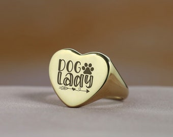 Engraved Dog Lady Gold Signet Ring · 14k Gold Dog Owners Ring · Heart Shaped Ring · Gift For Her
