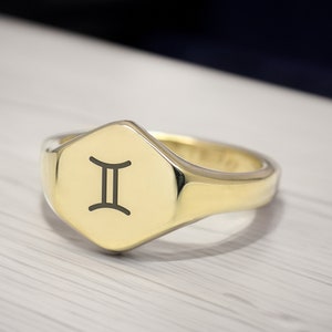 14k Gold Gemini Signet Ring · Custom Zodiac Sign Ring · Personalized Ring · Star Sign Engraving Ring