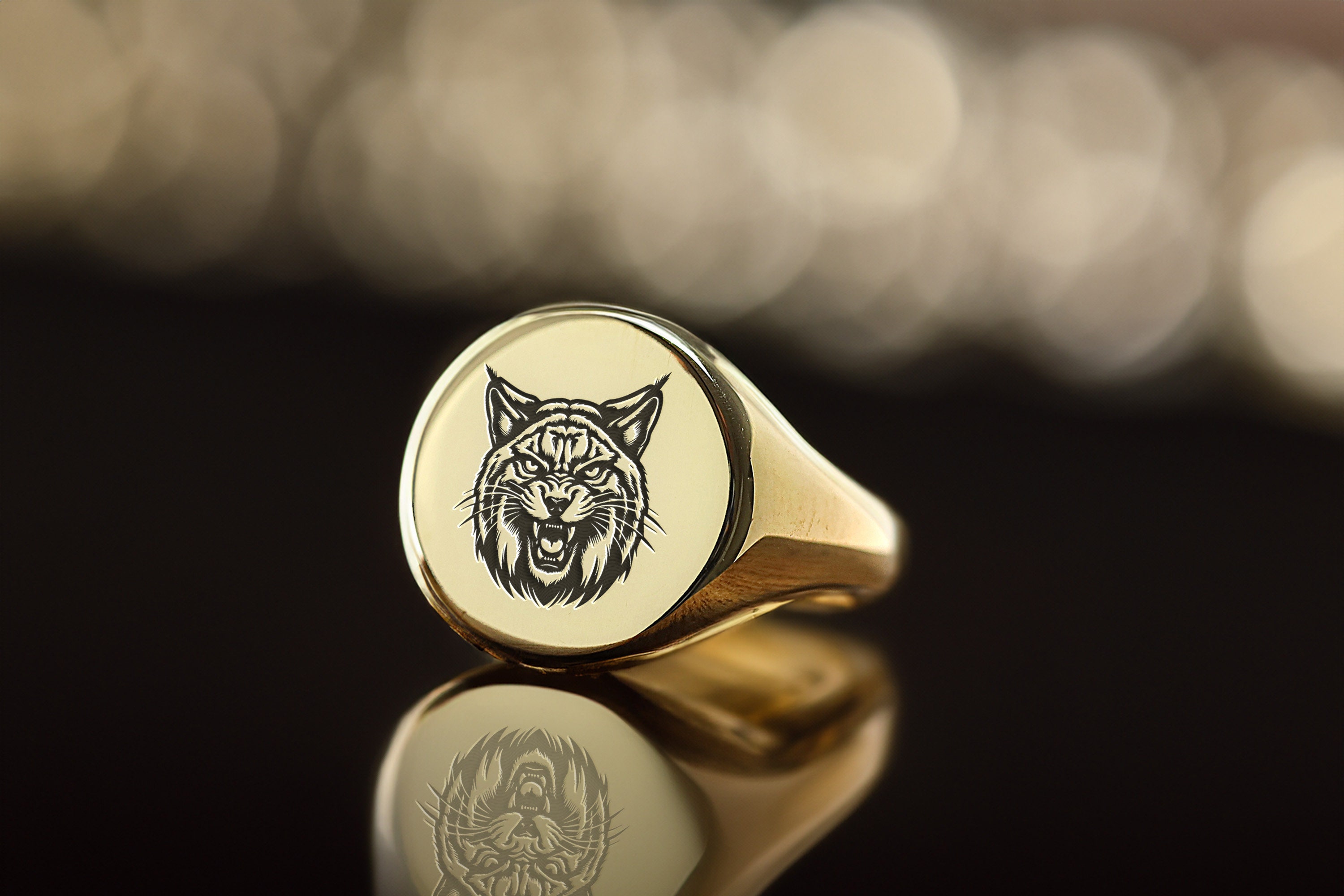 Engraved Lynx Signet Ring · Gold Custom Lynx Ring · Animal