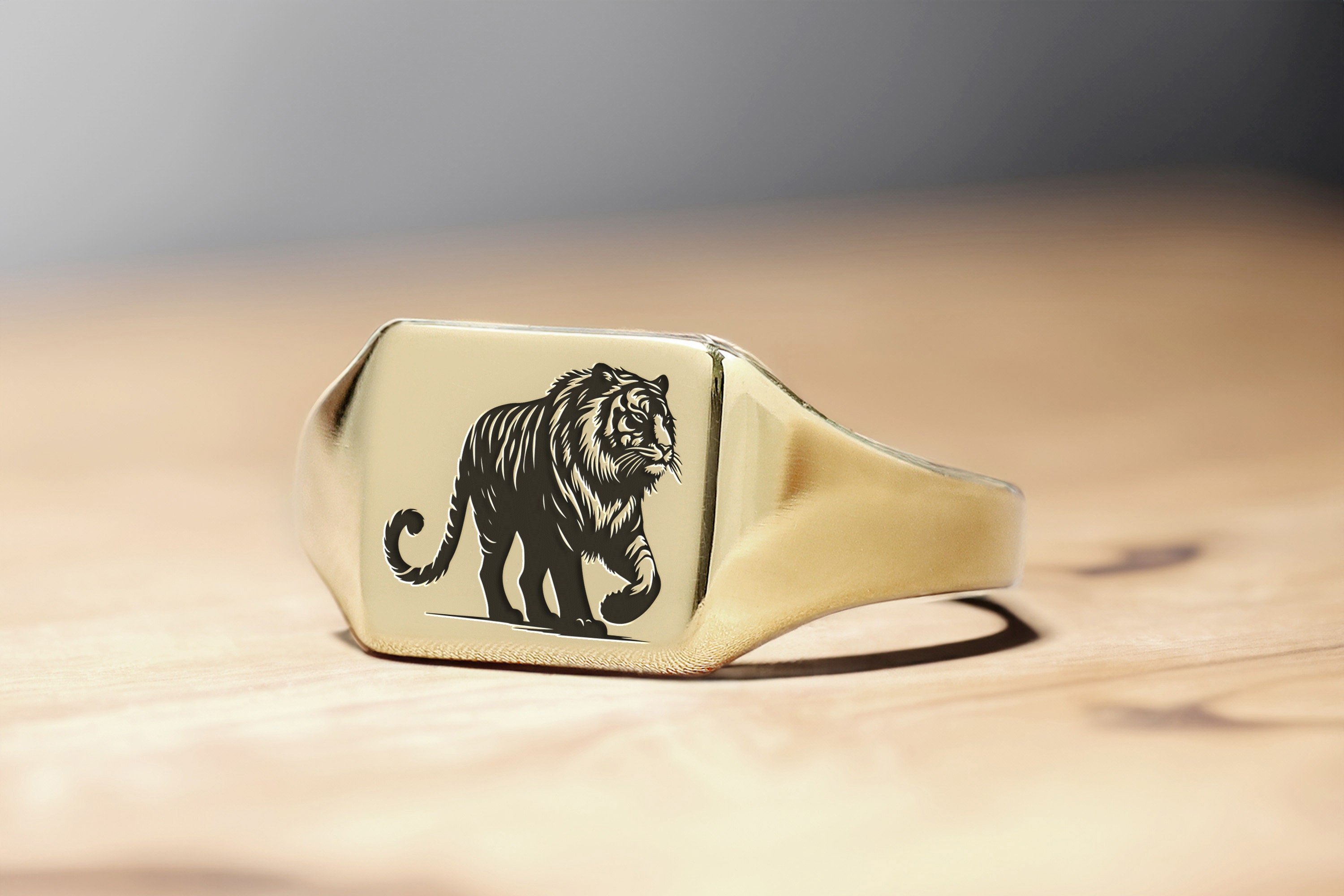 14k Gold Tiger Signet Ring · Personalized Ring · Tiger Engraved 